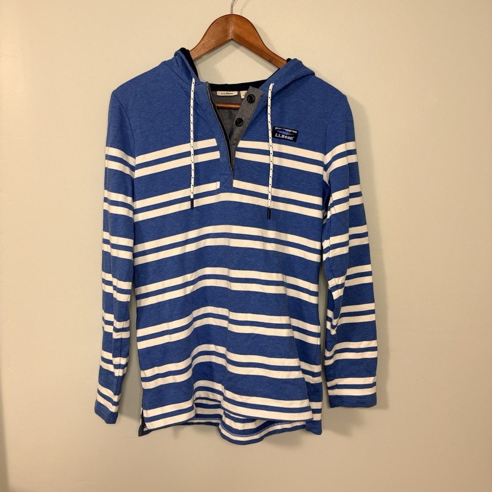 LL Bean Rugby Style Striped Pullover Hoodie Shirt Size Small Cotton Outdoors